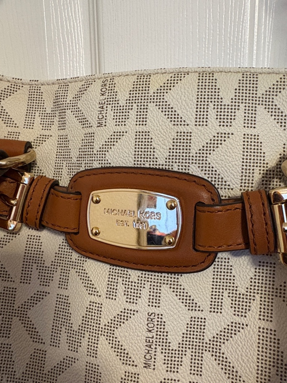 Michael Kors Vanilla MK Logo Shoulder Tote with Brown Trim - Picture 2 of 5